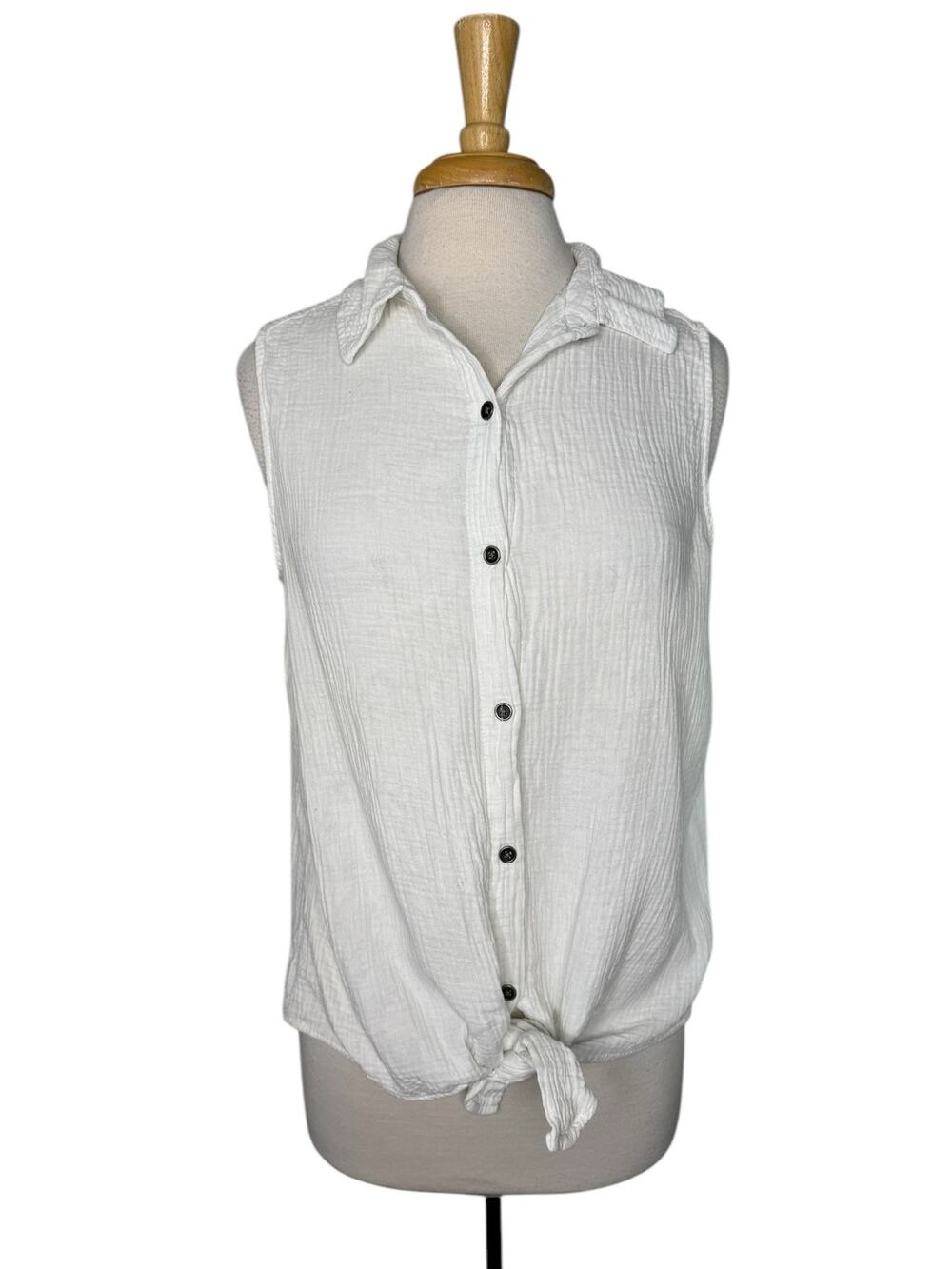 LAURA ASHLEY White Cotton Gauze Woven Button Up Sleeveless Top Size Large Women